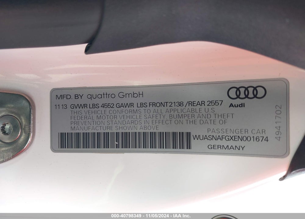 2014 AUDI R8 5.2 VIN: WUASNAFGXEN001674