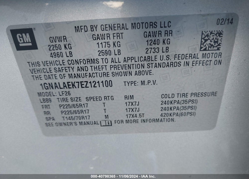 2014 CHEVROLET EQUINOX VIN: 1GNALAEK7EZ121100
