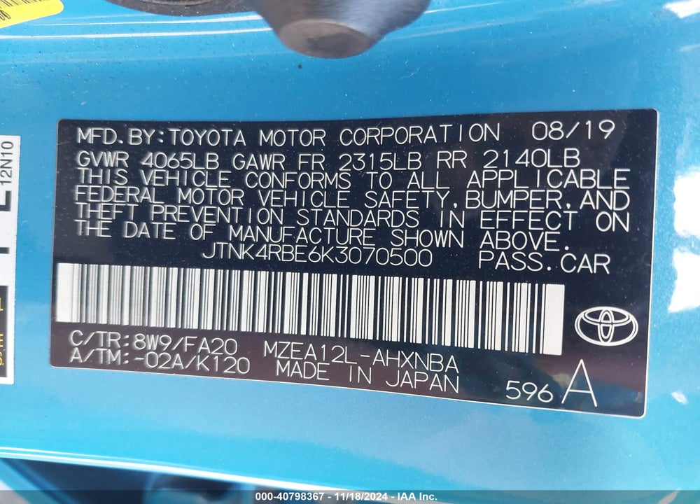 2019 TOYOTA COROLLA SE VIN: JTNK4RBE6K3070500
