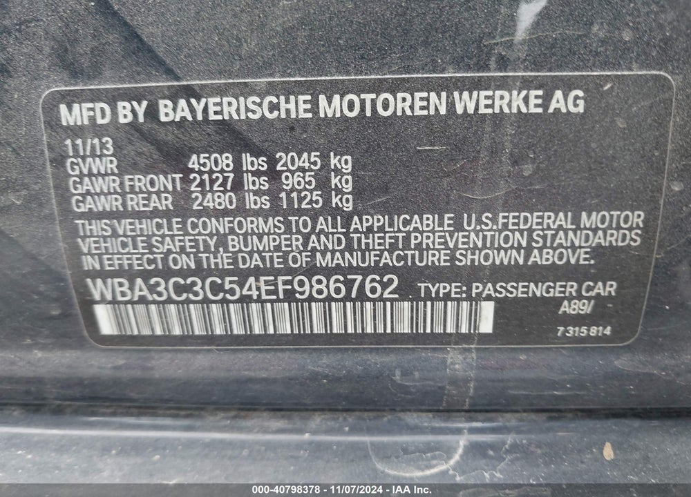 2014 BMW 320I XDRIVE VIN: WBA3C3C54EF986762