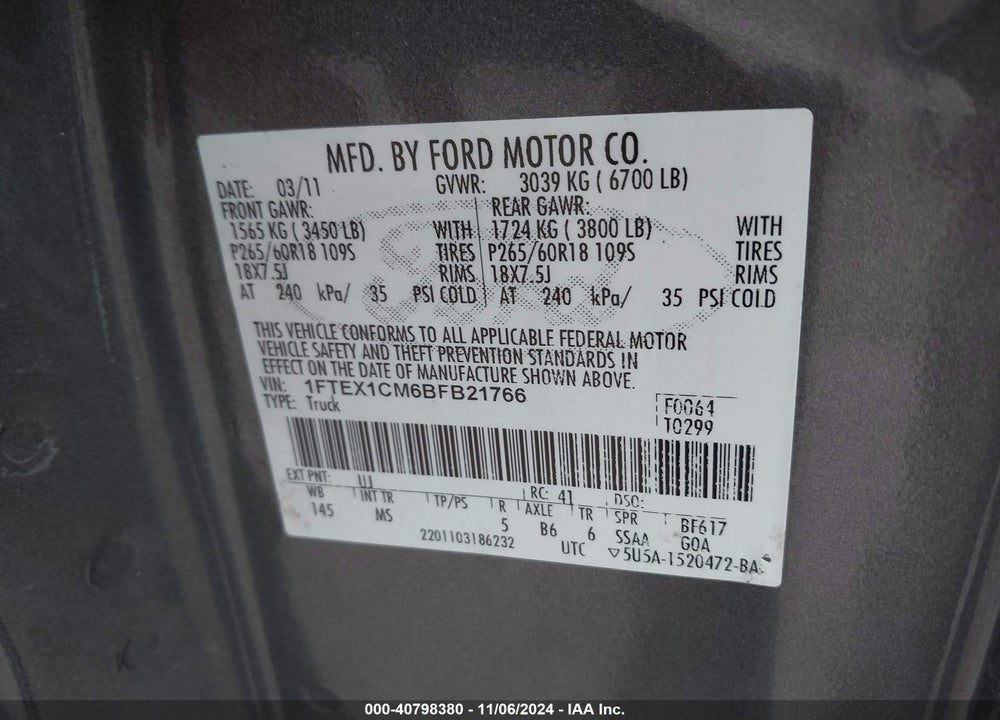 2011 FORD F-150 XLT VIN: 1FTEX1CM6BFB21766
