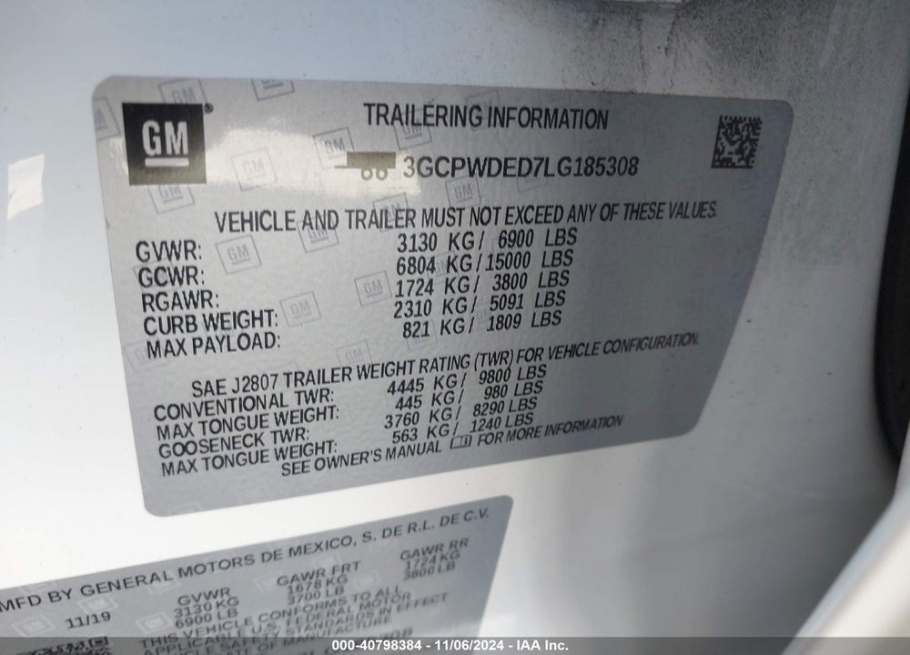 2020 CHEVROLET SILVERADO 1500 2WD SHORT BED RST VIN: 3GCPWDED7LG185308