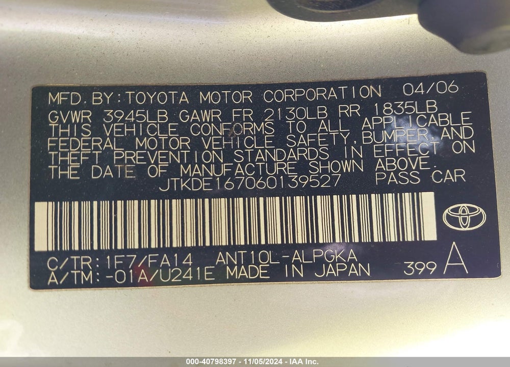 2006 SCION TC VIN: JTKDE167060139527