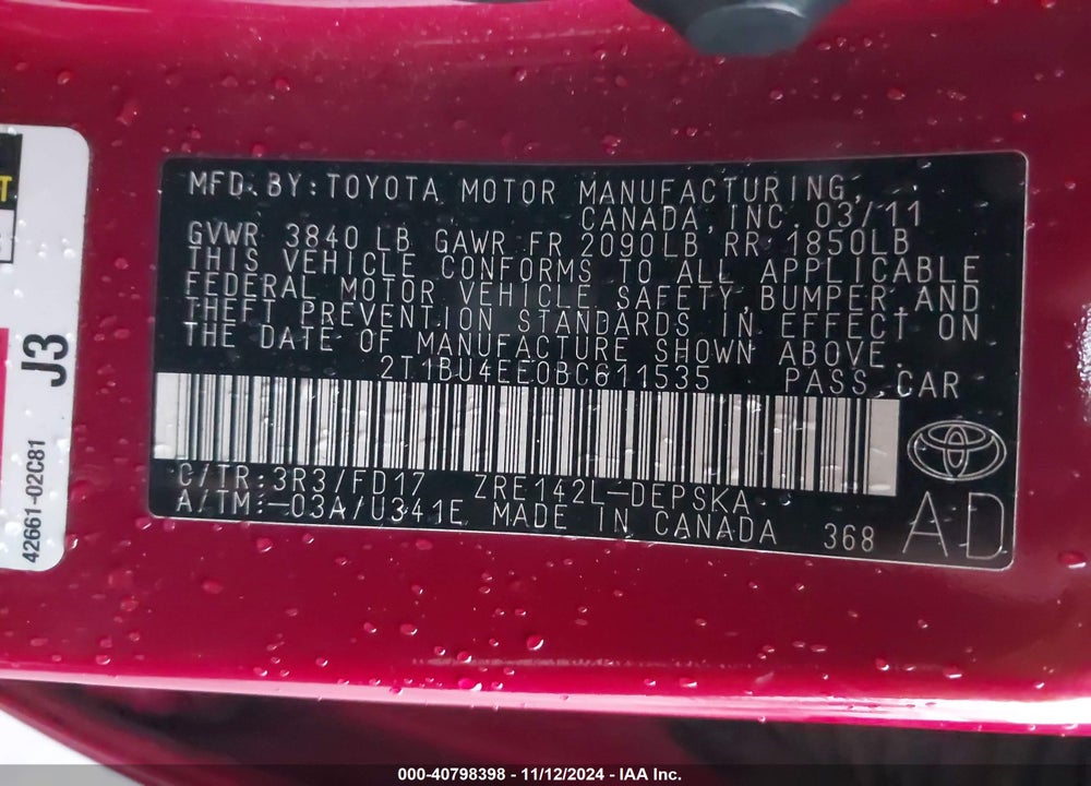 2011 TOYOTA COROLLA S VIN: 2T1BU4EE0BC611535