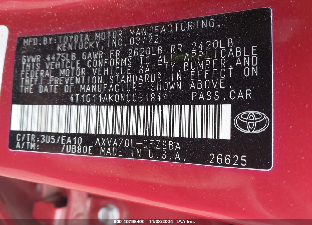 2022 TOYOTA CAMRY SE VIN: 4T1G11AK0NU031844
