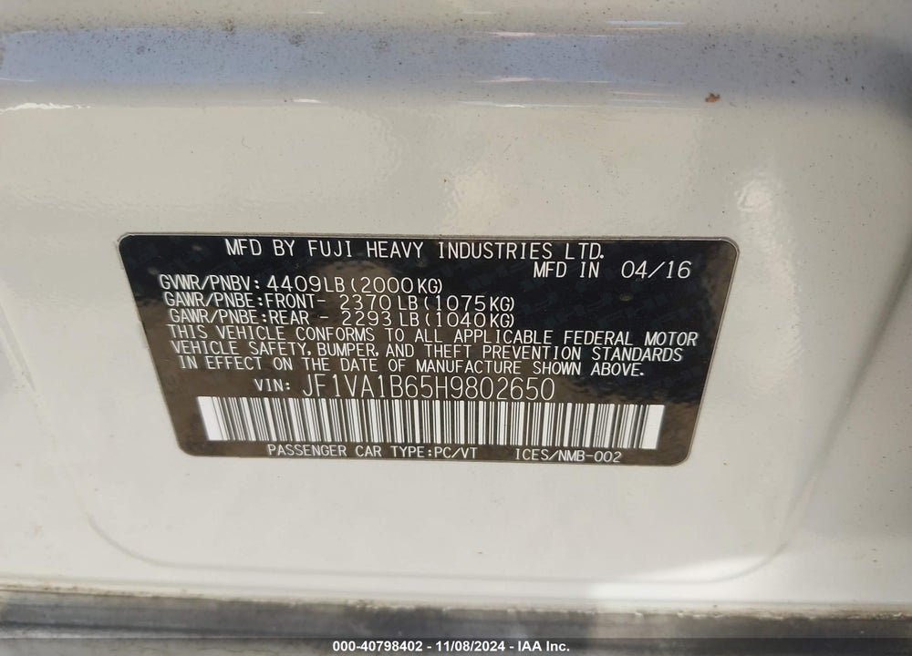2017 SUBARU WRX VIN: JF1VA1B65H9802650
