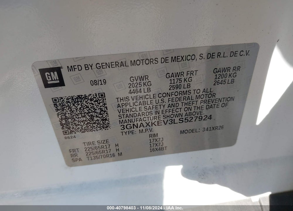 2020 CHEVROLET EQUINOX FWD LT 1.5L TURBO VIN: 3GNAXKEV3LS527924