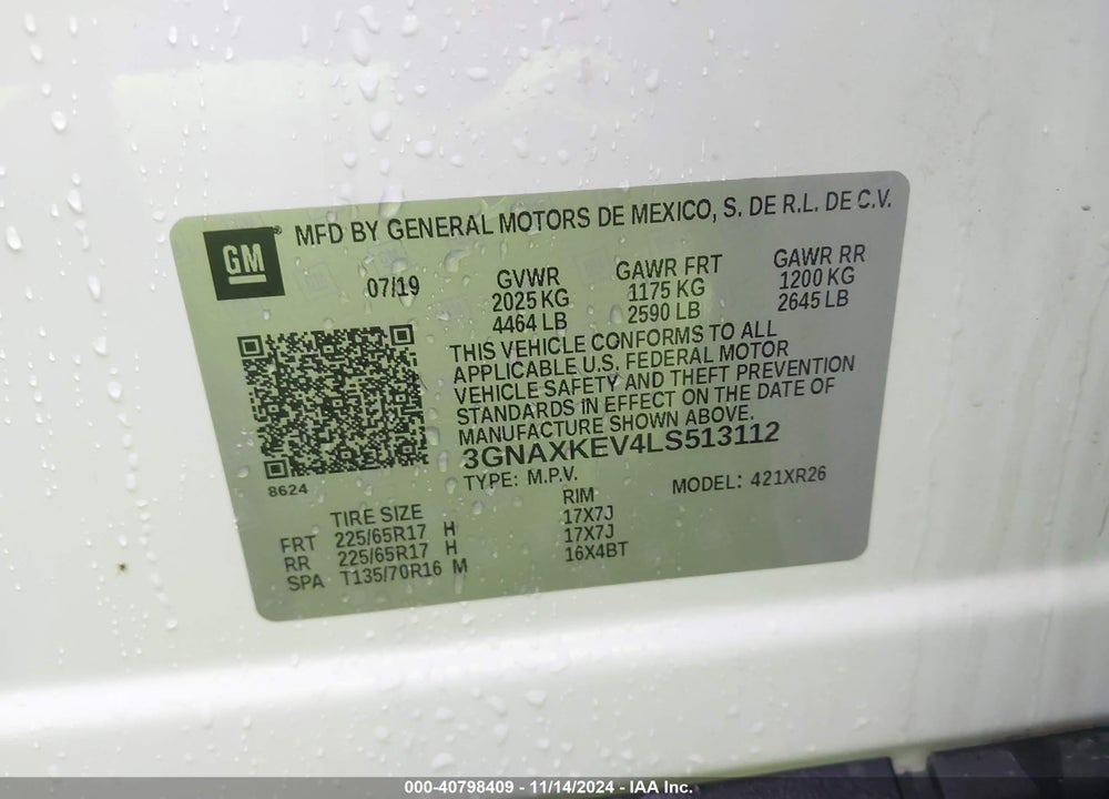 2020 CHEVROLET EQUINOX FWD LT 1.5L TURBO VIN: 3GNAXKEV4LS513112