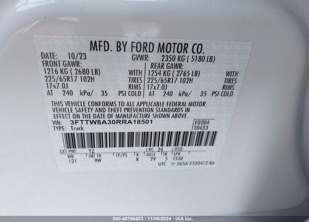 2024 FORD MAVERICK XL VIN: 3FTTW8A30RRA18501