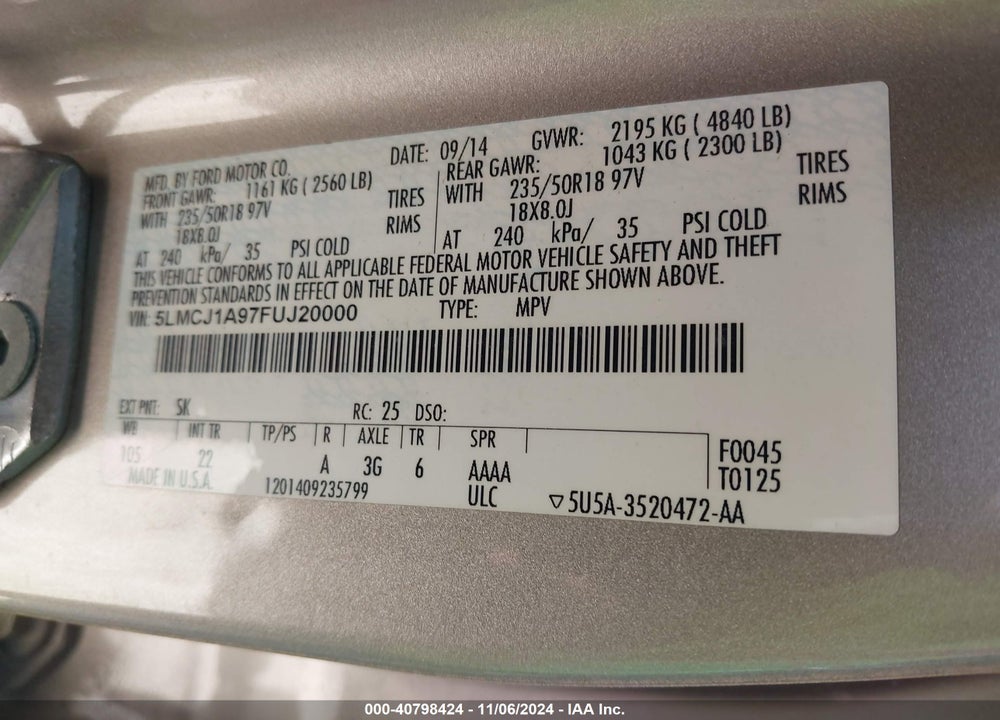 2015 LINCOLN MKC VIN: 5LMCJ1A97FUJ20000
