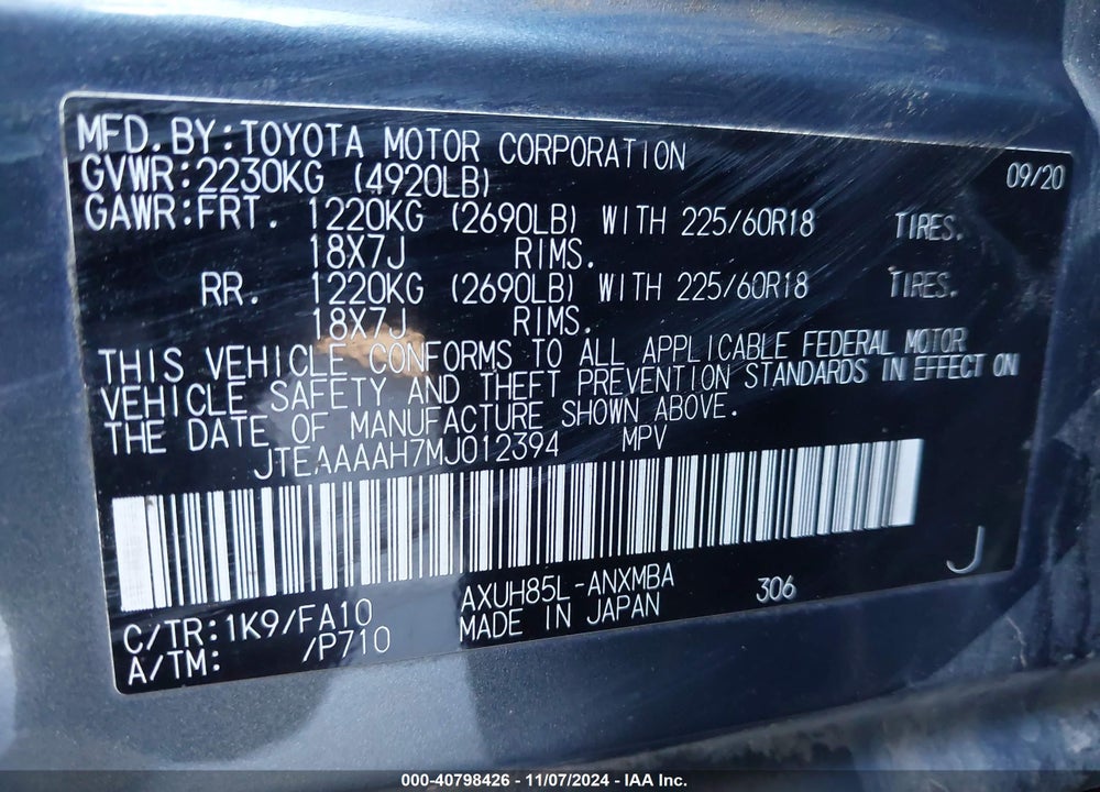 2021 TOYOTA VENZA LE VIN: JTEAAAAH7MJ012394