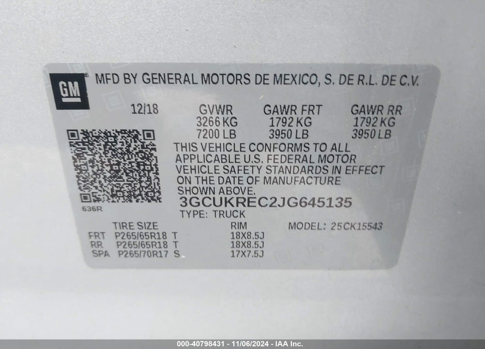 2018 CHEVROLET SILVERADO 1500 1LT VIN: 3GCUKREC2JG645135