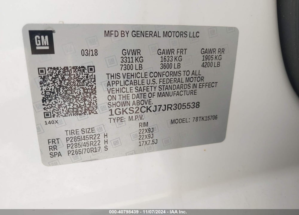 2018 GMC YUKON DENALI VIN: 1GKS2CKJ7JR305538