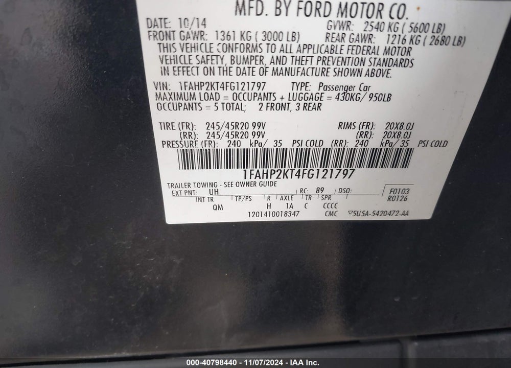 2015 FORD TAURUS VIN: 1FAHP2KT4FG121797