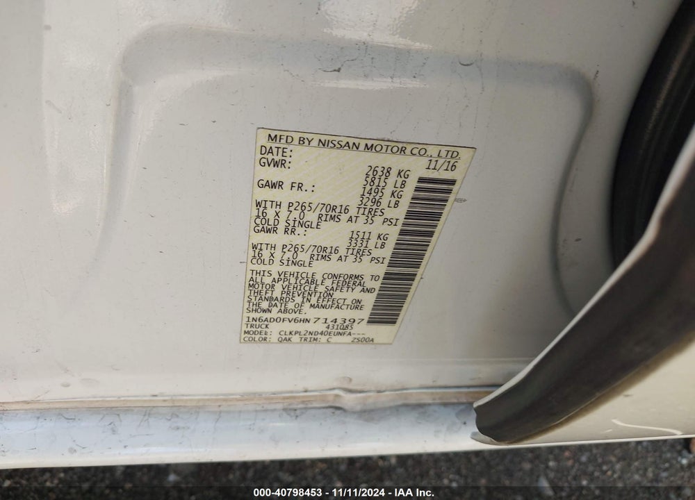2017 NISSAN FRONTIER SV VIN: 1N6AD0FV6HN714397