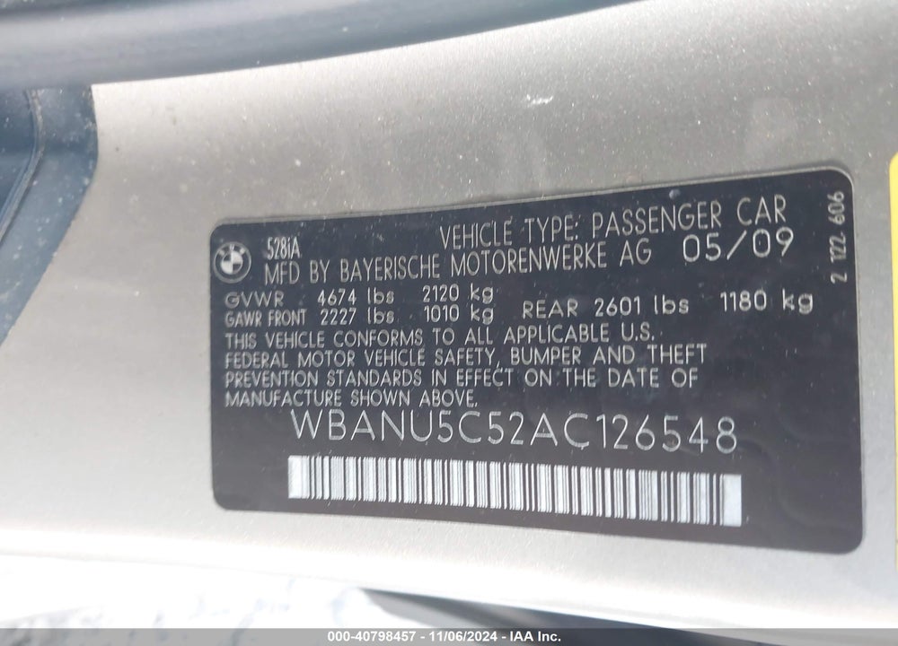 2010 BMW 5 SERIES 528I VIN: WBANU5C52AC126548