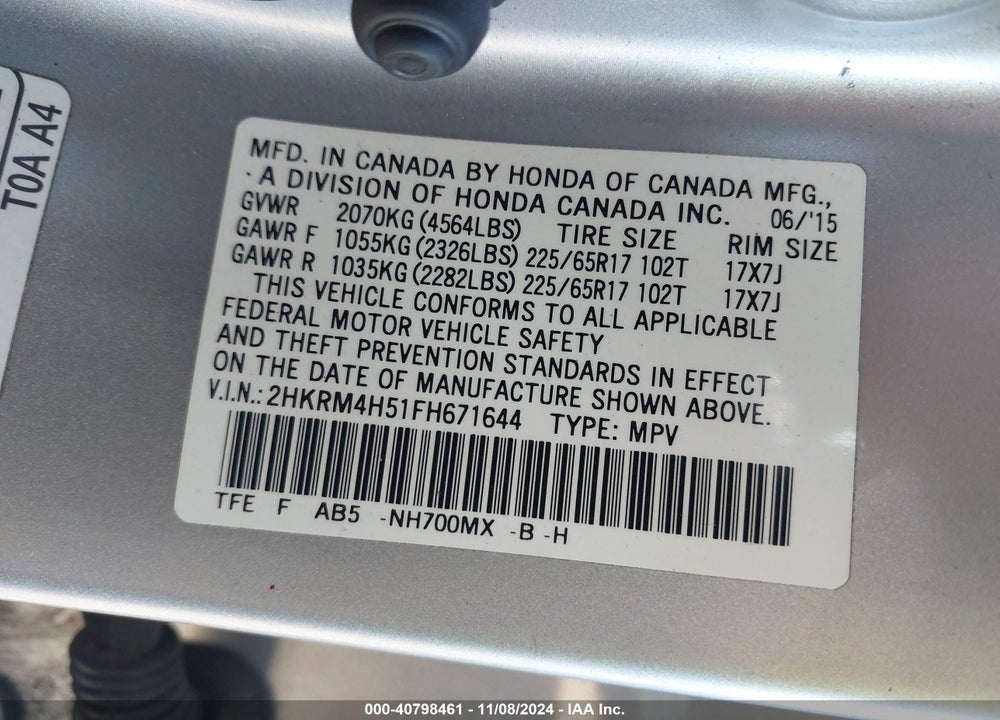 2015 HONDA CR-V EX VIN: 2HKRM4H51FH671644