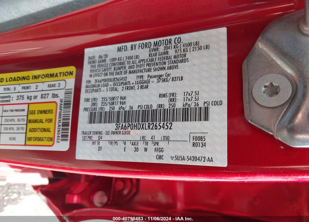 2020 FORD FUSION VIN: 3FA6P0HDXLR265452