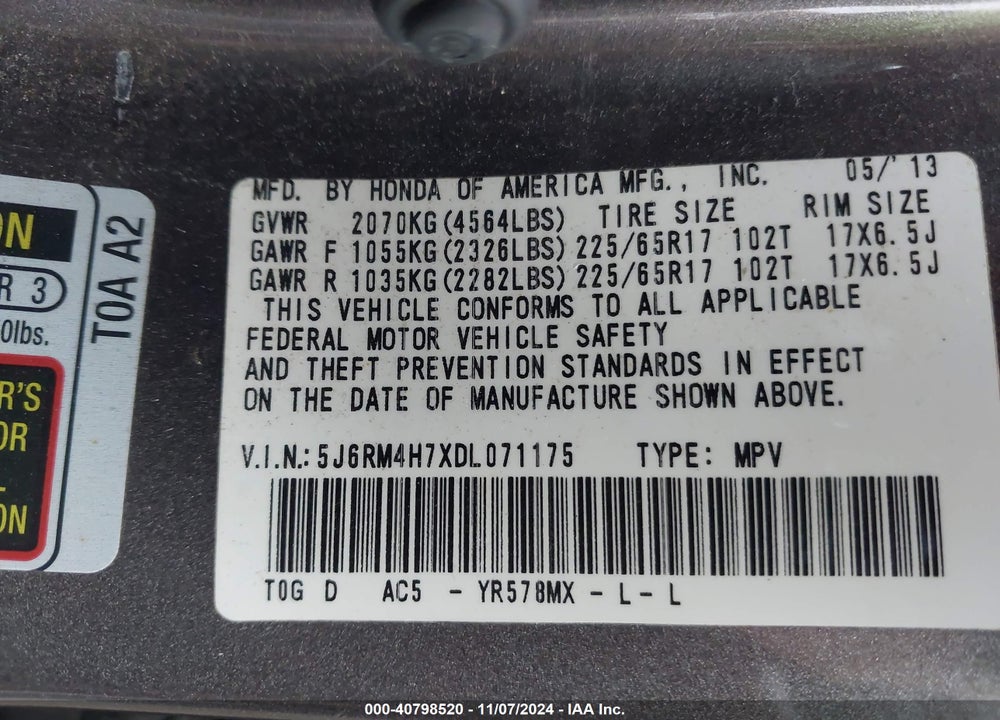 2013 HONDA CR-V EX-L VIN: 5J6RM4H7XDL071175