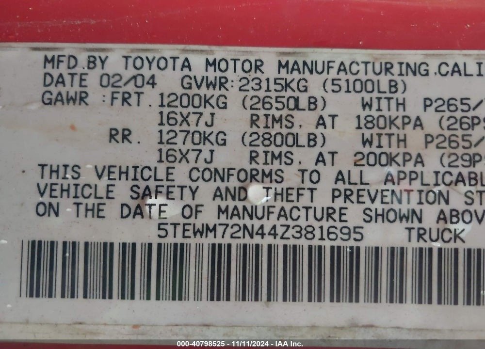 2004 TOYOTA TACOMA VIN: 5TEWM72N44Z381695