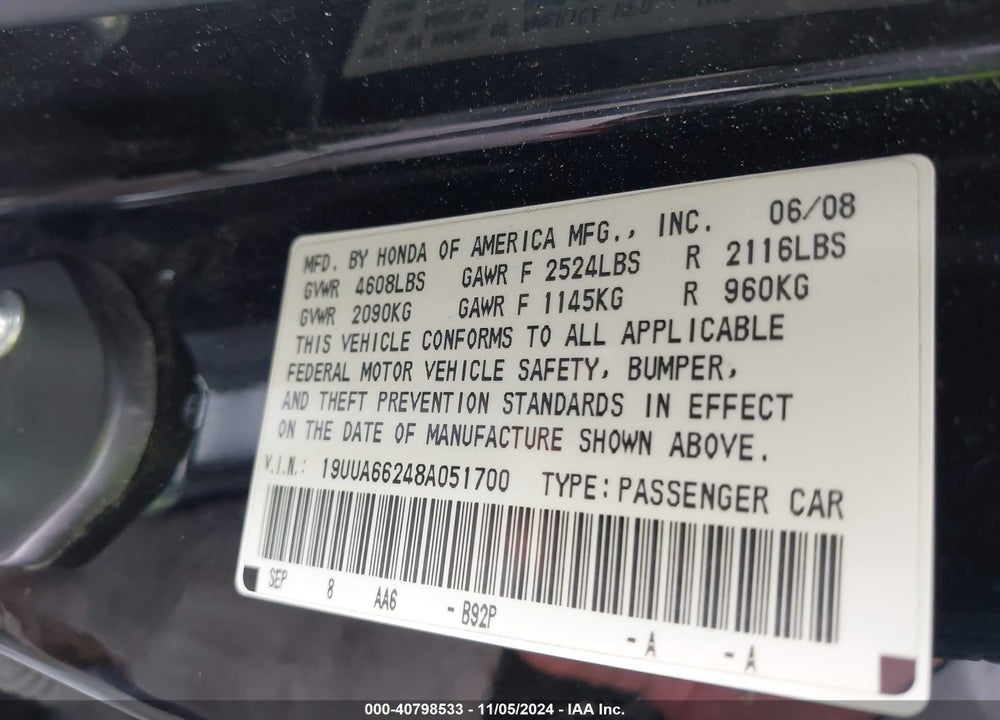 2008 ACURA TL 3.2 VIN: 19UUA66248A051700