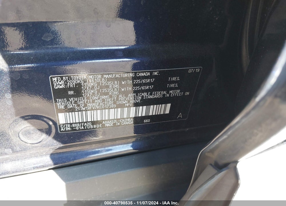 2019 TOYOTA RAV4 XLE VIN: 2T3W1RFV7KC017389