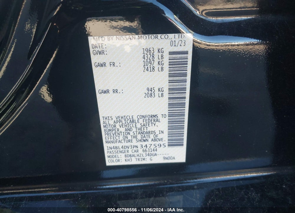 2023 NISSAN ALTIMA SV FWD VIN: 1N4BL4DV3PN347595