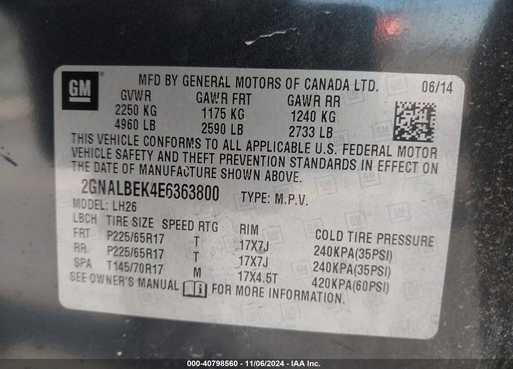 2014 CHEVROLET EQUINOX 1LT VIN: 2GNALBEK4E6363800