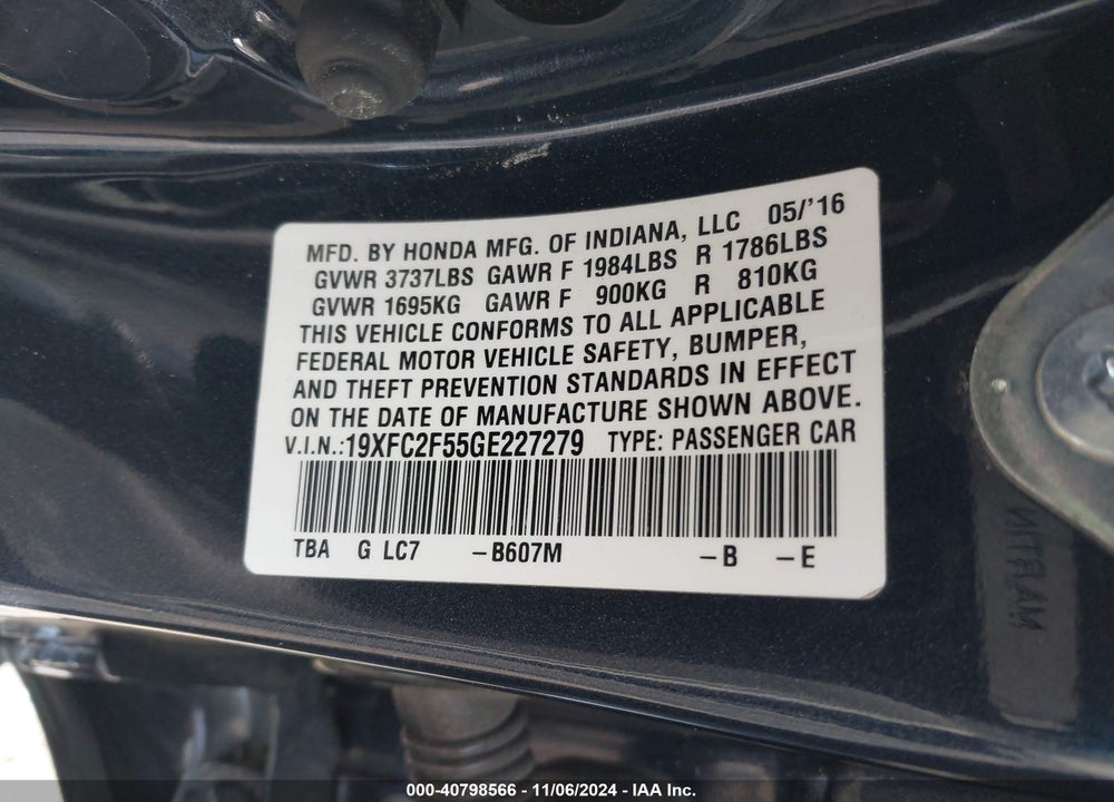 2016 HONDA CIVIC LX VIN: 19XFC2F55GE227279