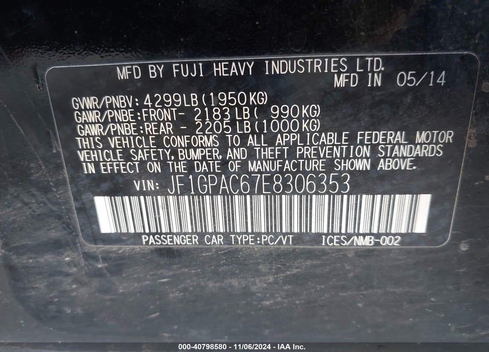 2014 SUBARU IMPREZA 2.0I PREMIUM VIN: JF1GPAC67E8306353