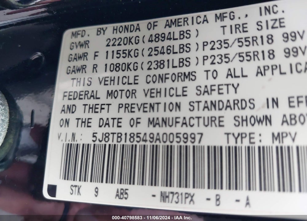2009 ACURA RDX VIN: 5J8TB18549A005997