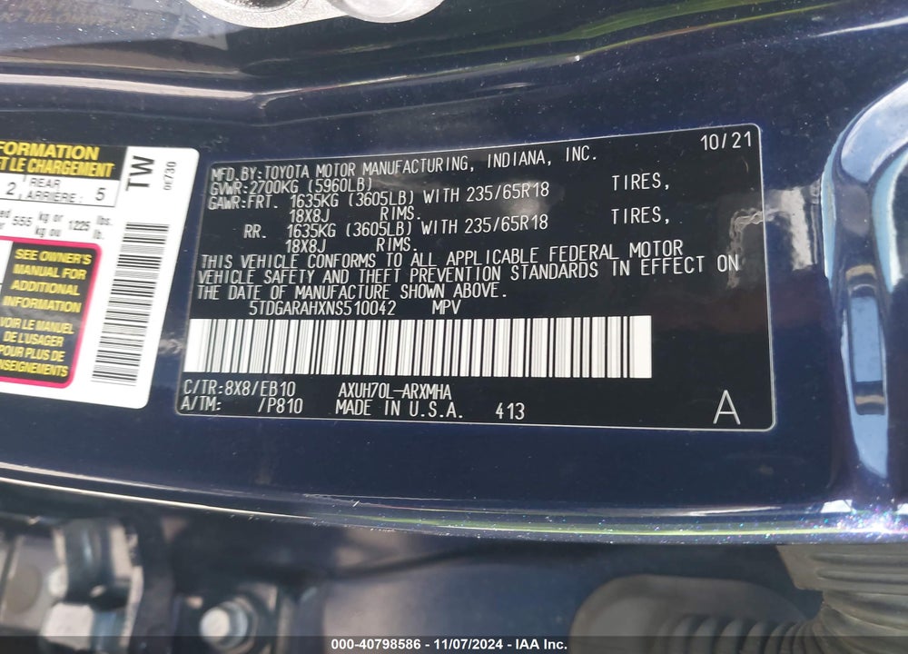 2022 TOYOTA HIGHLANDER HYBRID XLE VIN: 5TDGARAHXNS510042