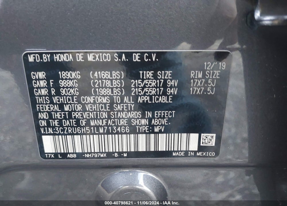 2020 HONDA HR-V AWD EX VIN: 3CZRU6H51LM713466