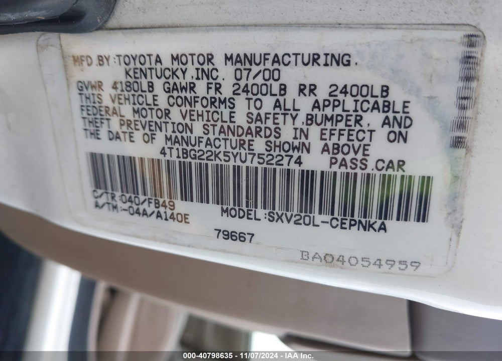 2000 TOYOTA CAMRY LE VIN: 4T1BG22K5YU752274