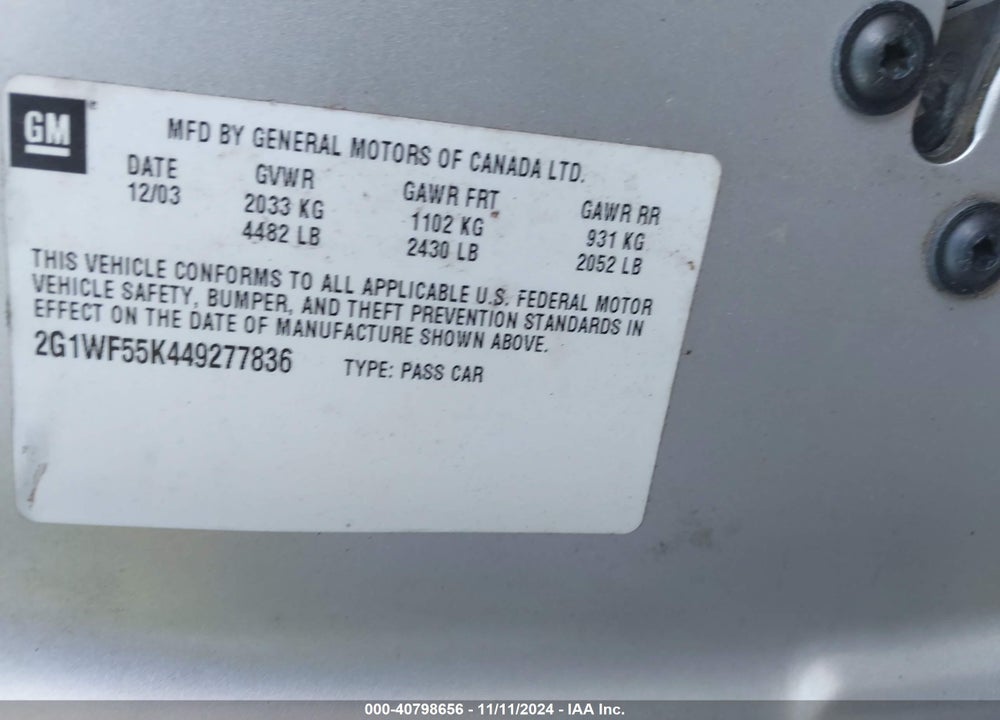 2004 CHEVROLET IMPALA POLICE VIN: 2G1WF55K449277836