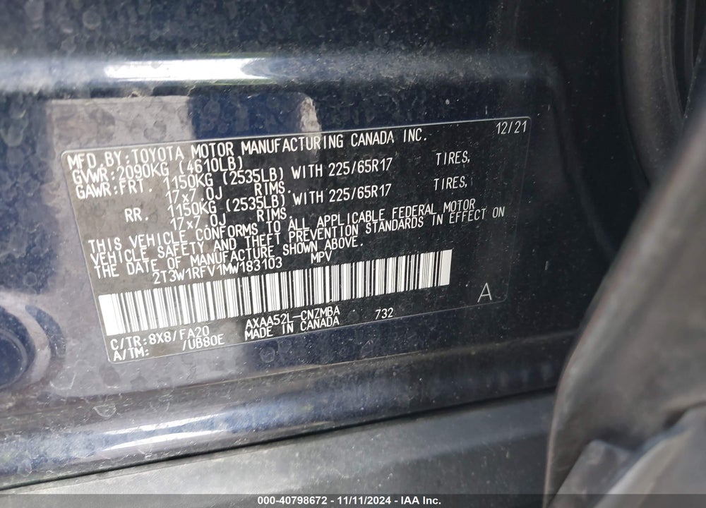 2021 TOYOTA RAV4 VIN: 2T3W1RFV1MW183103