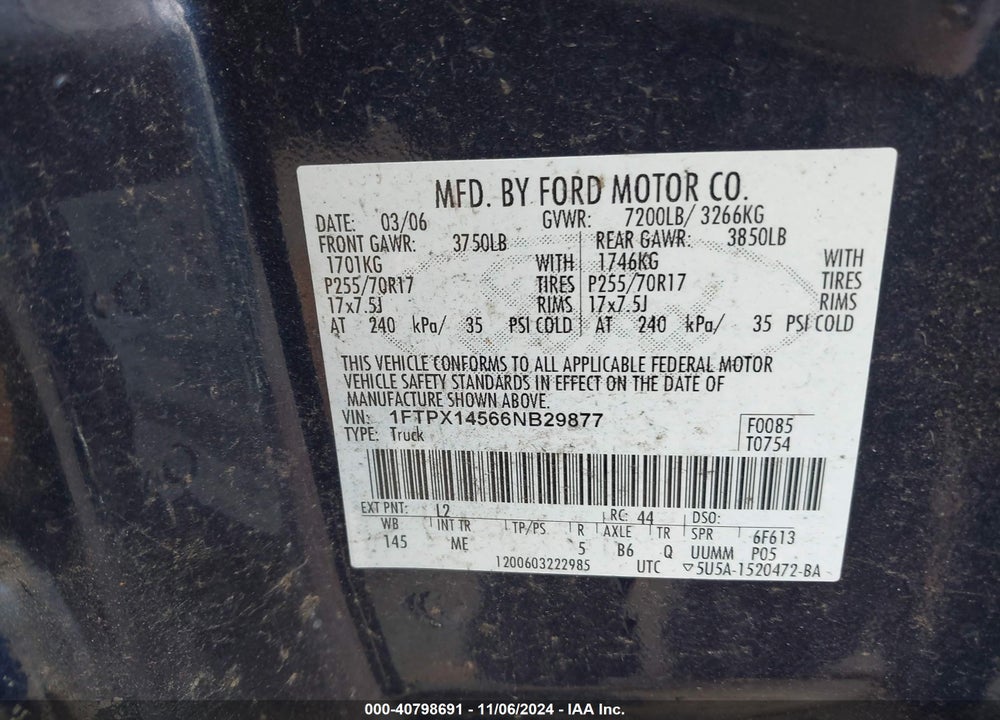 2006 FORD F-150 FX4/LARIAT/XL/XLT VIN: 1FTPX14566NB29877