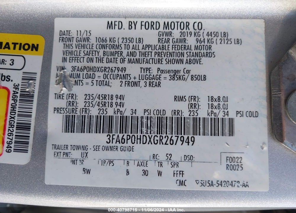 2016 FORD FUSION SE VIN: 3FA6P0HDXGR267949