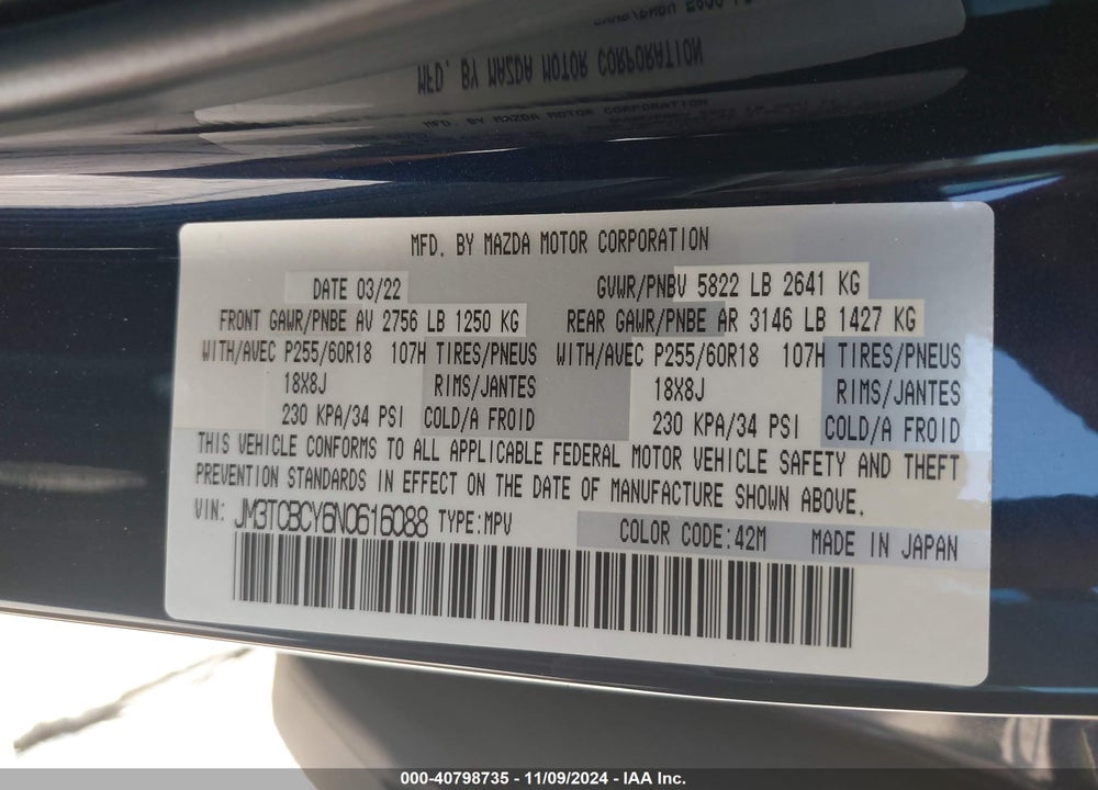 2022 MAZDA CX-9 TOURING VIN: JM3TCBCY6N0616088