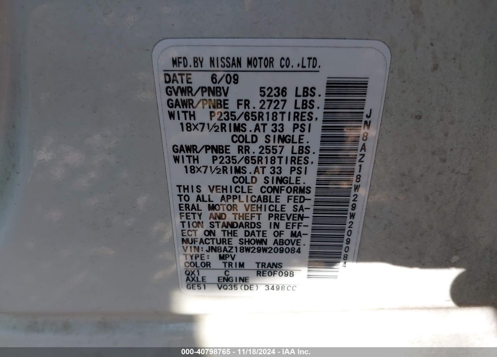 2009 NISSAN MURANO SL VIN: JN8AZ18W29W209084