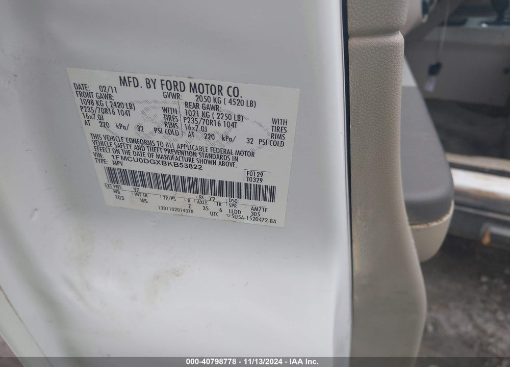 2011 FORD ESCAPE XLT VIN: 1FMCU0DGXBKB53822