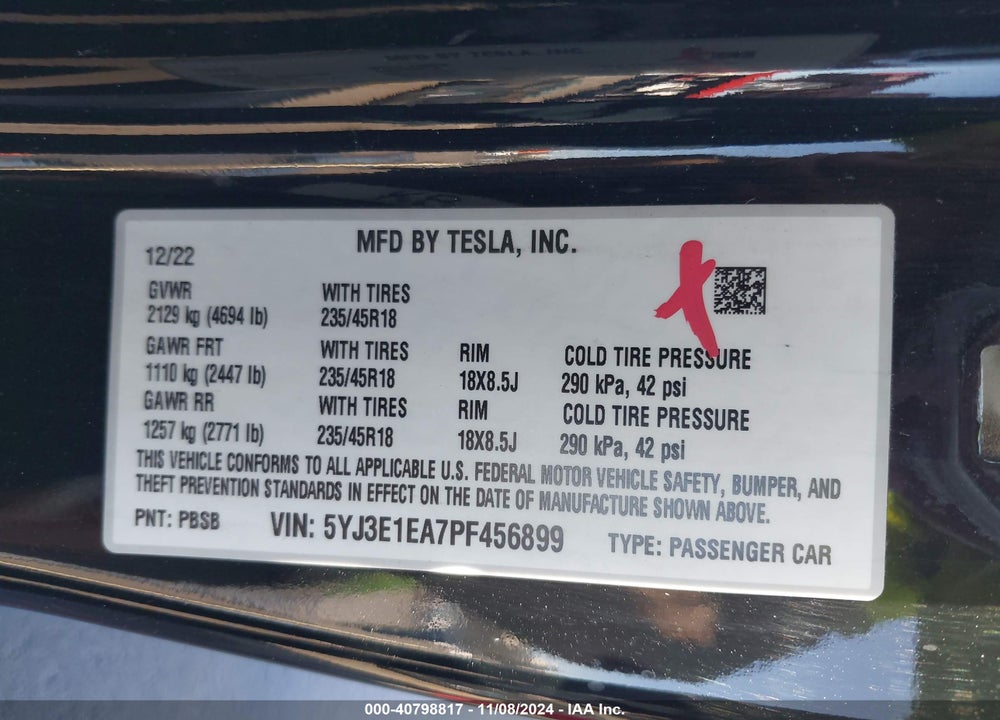 2023 TESLA MODEL 3 REAR-WHEEL DRIVE VIN: 5YJ3E1EA7PF456899