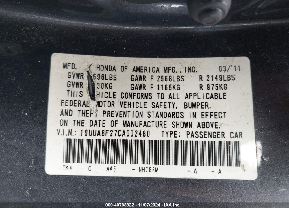 2012 ACURA TL 3.5 VIN: 19UUA8F27CA002480