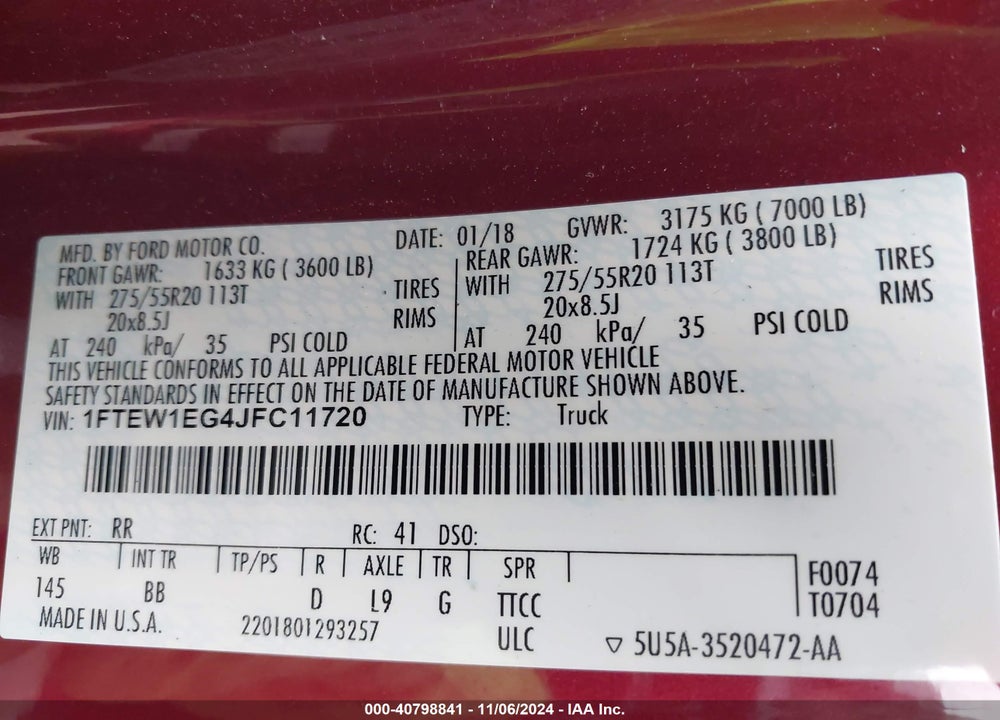 2018 FORD F-150 PLATINUM VIN: 1FTEW1EG4JFC11720
