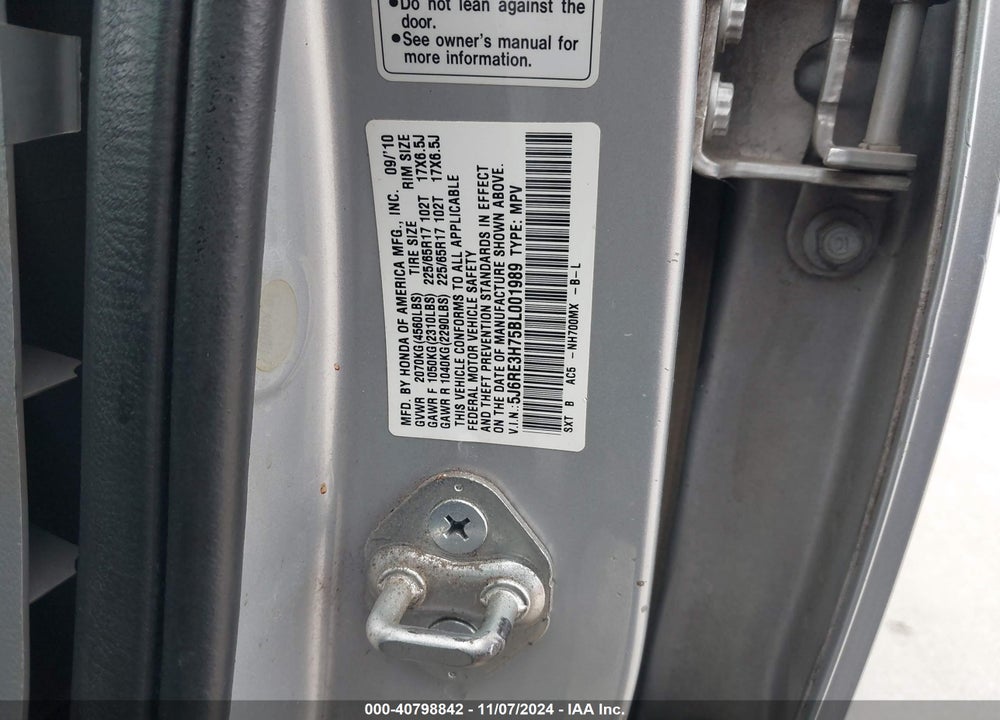2011 HONDA CR-V EX-L VIN: 5J6RE3H75BL001989