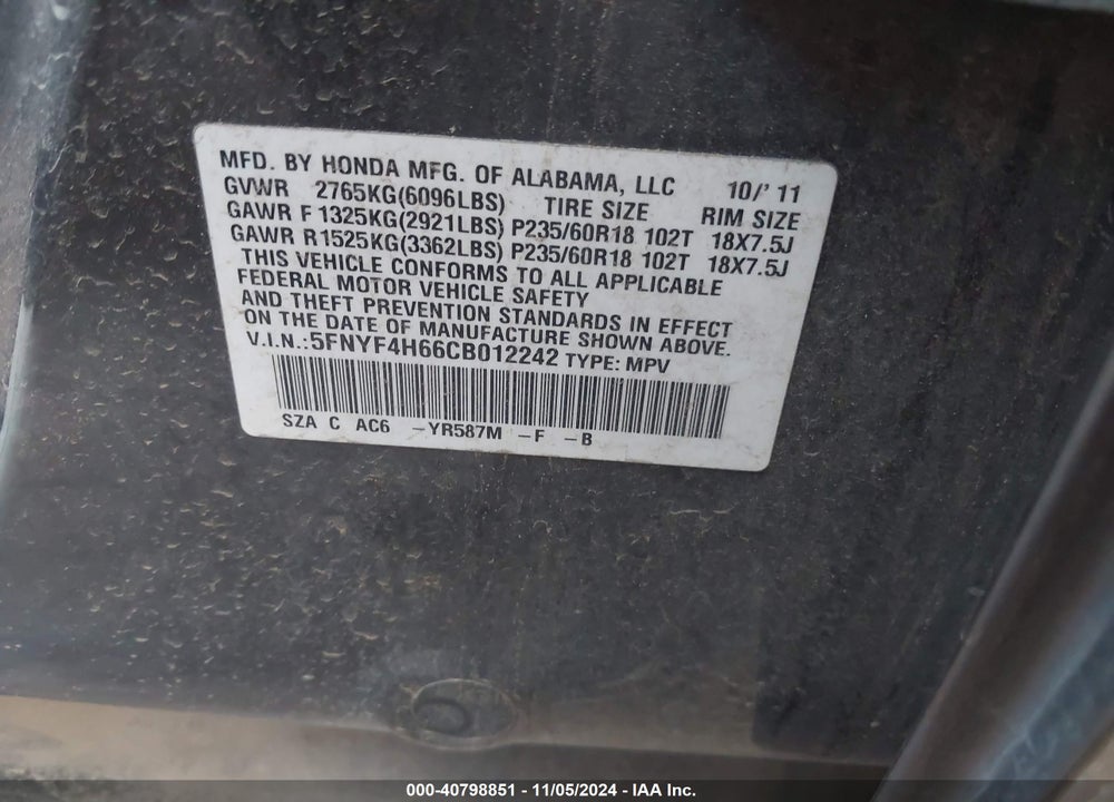 2012 HONDA PILOT EX-L VIN: 5FNYF4H66CB012242