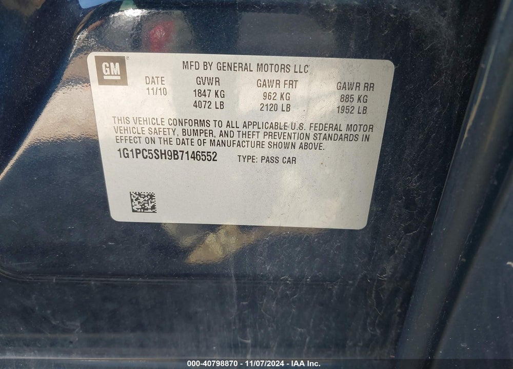 2011 CHEVROLET CRUZE LS VIN: 1G1PC5SH9B7146552