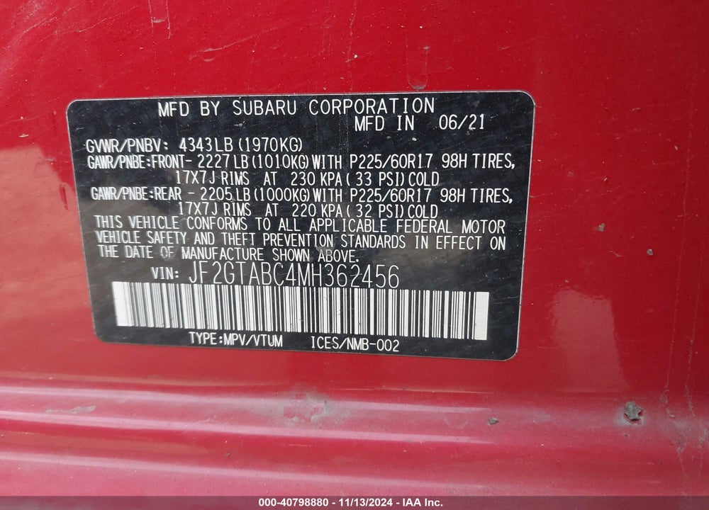 2021 SUBARU CROSSTREK VIN: JF2GTABC4MH362456