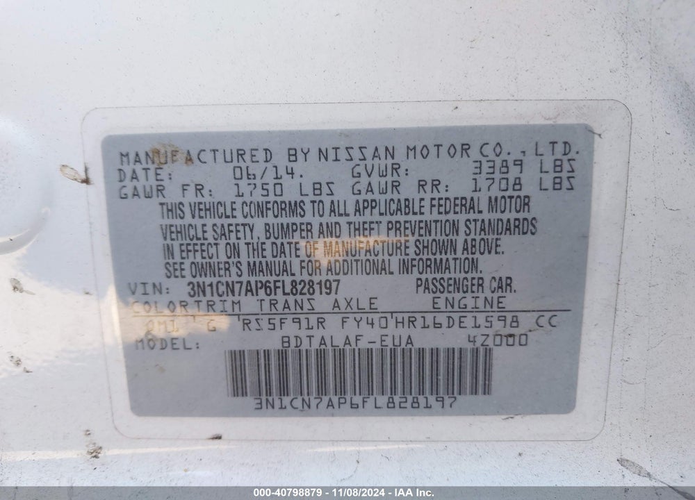 2015 NISSAN VERSA 1.6 S+ VIN: 3N1CN7AP6FL828197