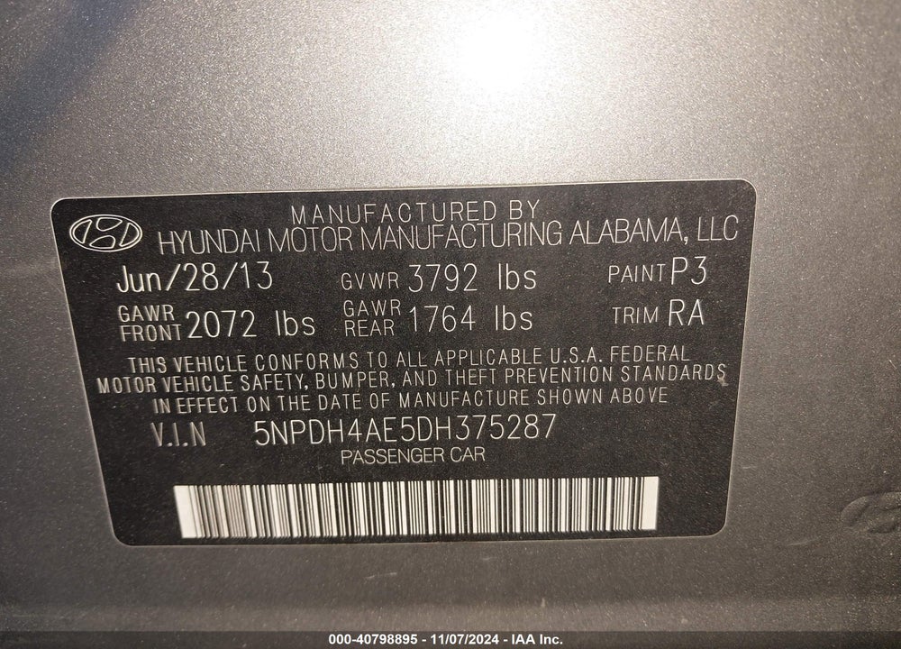 2013 HYUNDAI ELANTRA GLS VIN: 5NPDH4AE5DH375287